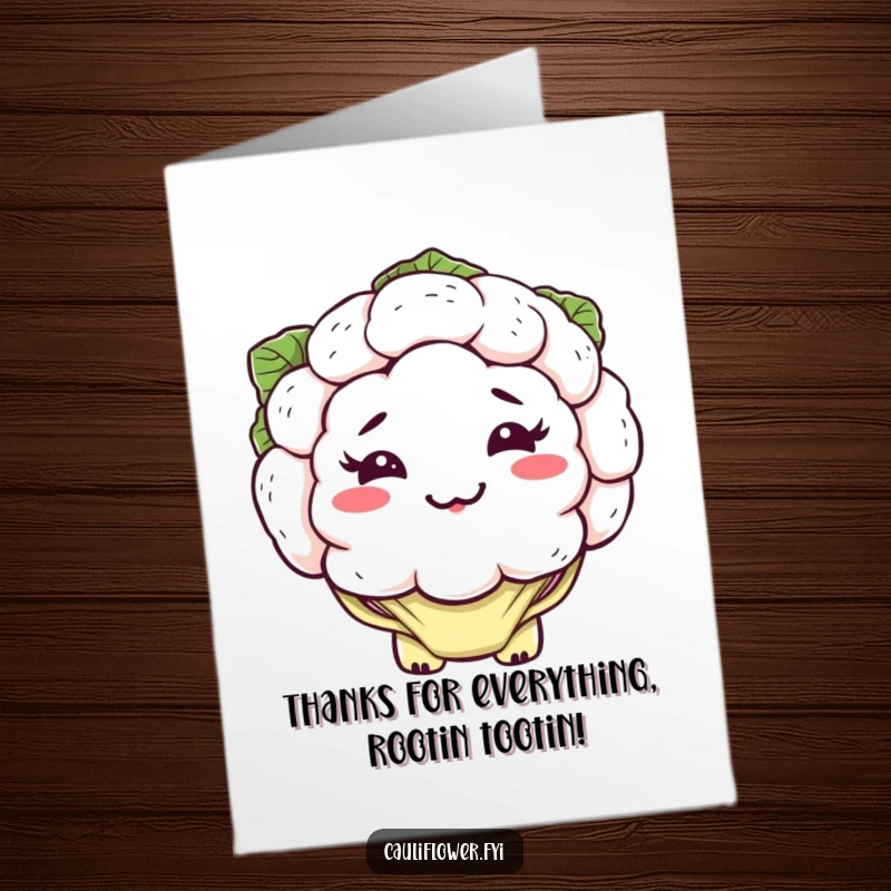Funny free printable thank you card with a kawaii cauliflower wearing a silly lopsided grin and floppy leaves, expressing thanks.