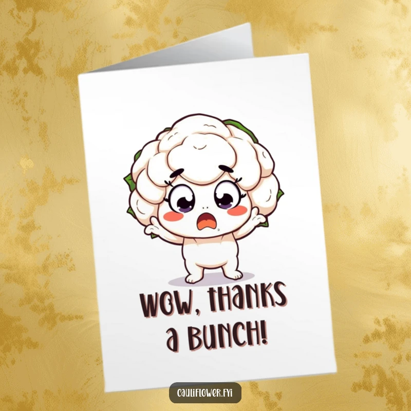 Funny Free Printable Thank You Card: A surprised kawaii cauliflower character with wide eyes in a dramatic pose.