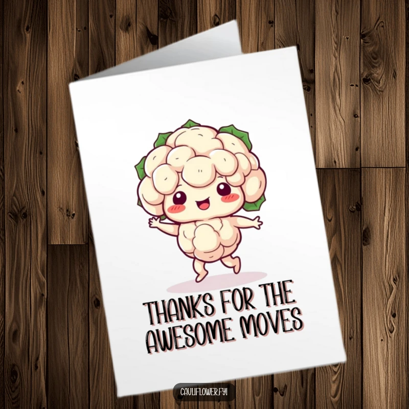 Funny Free Printable Thank You Card: Kawaii cauliflower performing a cute shuffle dance, radiating happiness, great for a unique thank you.
