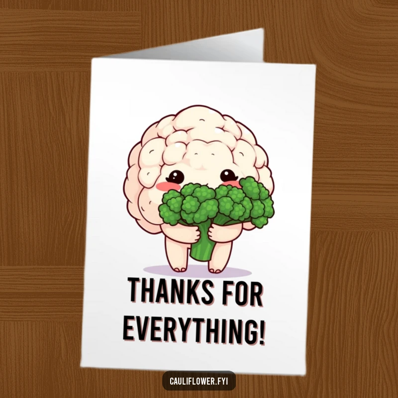 Funny Free Printable Thank You Card: A blushing kawaii cauliflower shyly holds a bouquet of broccoli florets, expressing heartfelt thanks.