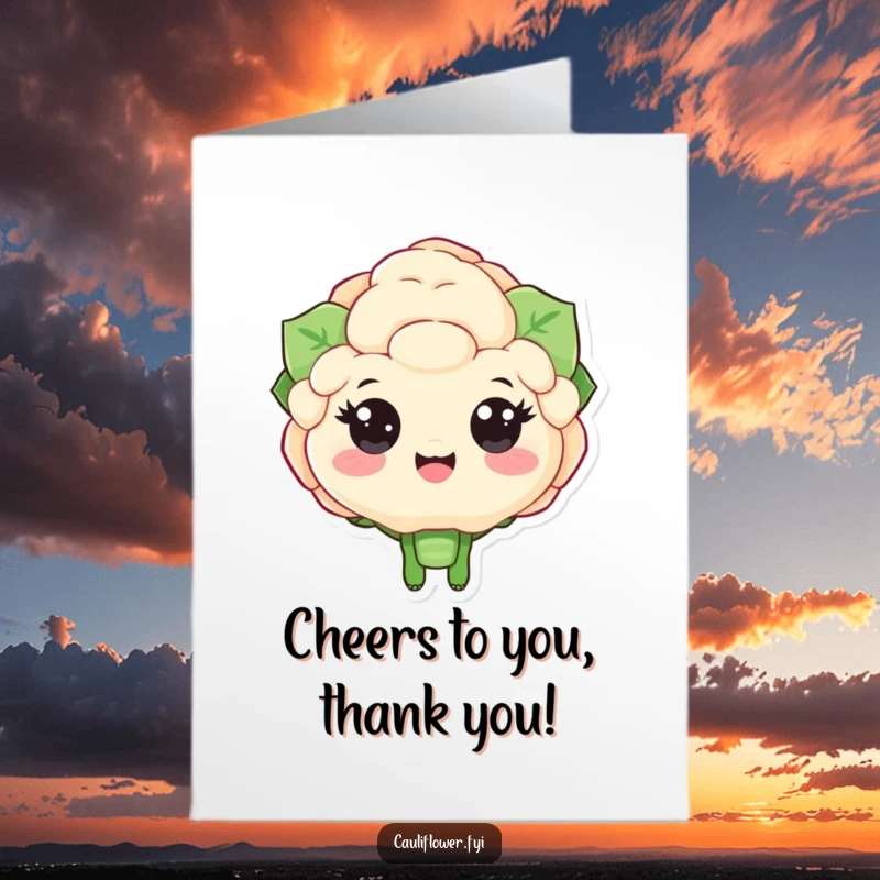 Funny Free Printable Thank You Card of a cauliflower character with big, happy eyes cheering to express gratitude and joy.