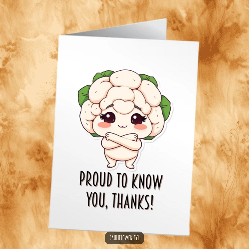 Funny Free Printable Thank You Card showing a proud cauliflower with arms crossed, looking content and thankful for a good deed.