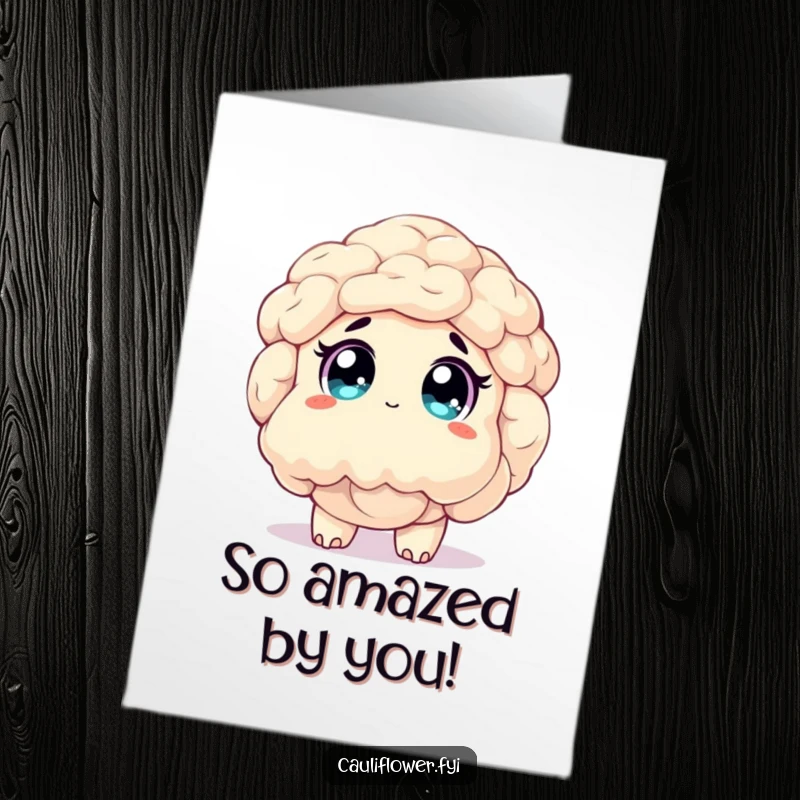 Funny Free Printable Thank You Card: A cauliflower gazes upwards with wide, sparkling eyes, conveying immense awe and gratitude.