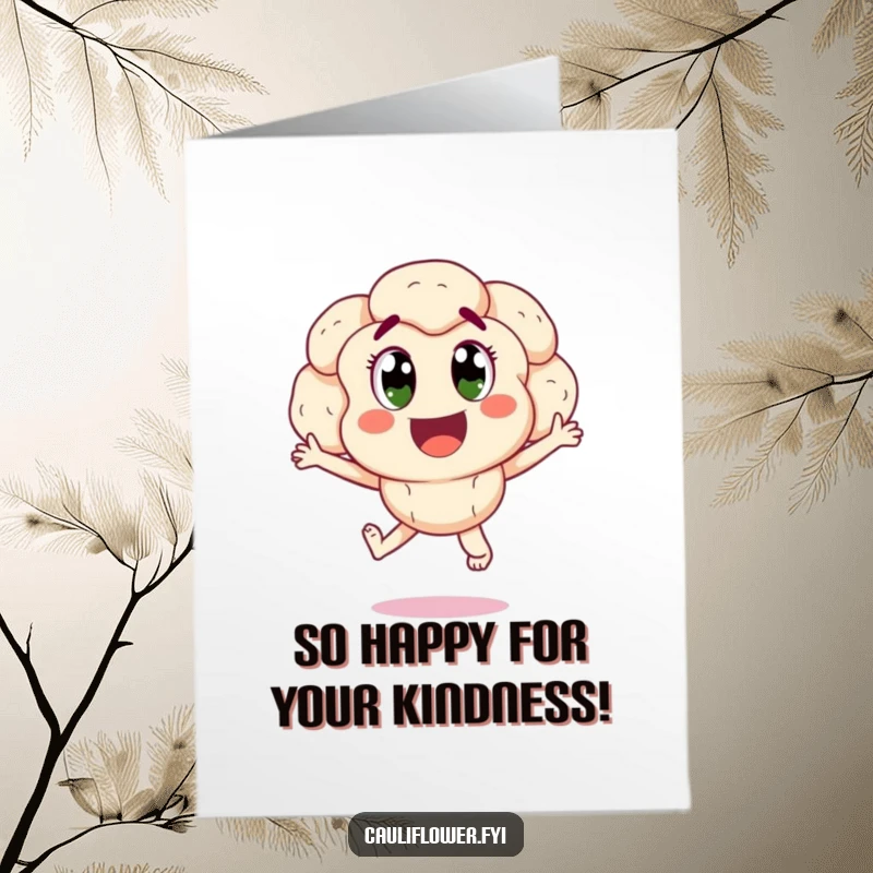 Funny Free Printable Thank You Card: A happy cauliflower with excited eyes jumping for joy, expressing sincere thanks.