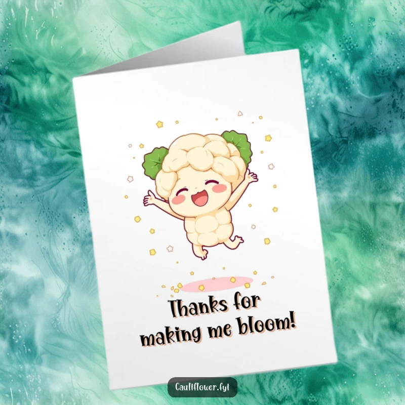 Funny free printable thank you card of a cauliflower character leaping joyfully and scattering florets like confetti.