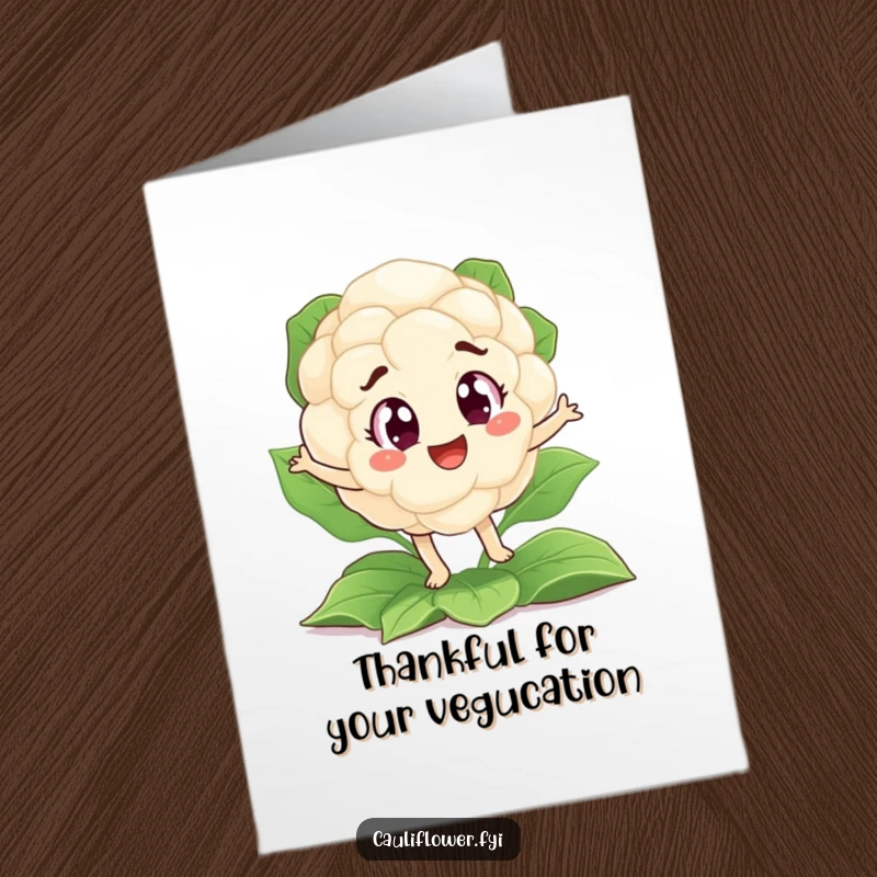 Funny Free Printable Thank You Card: Excited cauliflower performing a silly dance on a bed of green leaves.