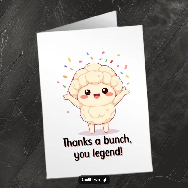 Funny Free Printable Thank You Card: Cute Kawaii cauliflower spraying confetti to express gratitude and joy.