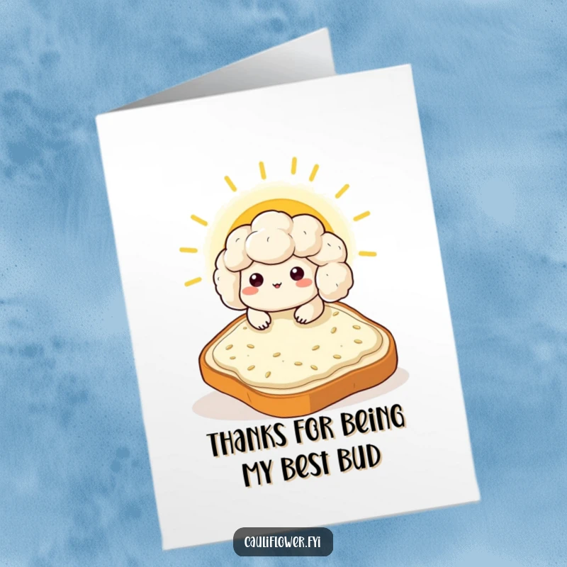 Funny Free Printable Thank You Card: Content Kawaii cauliflower enjoying sun on a big toast slice, perfect for a relaxed thank you.