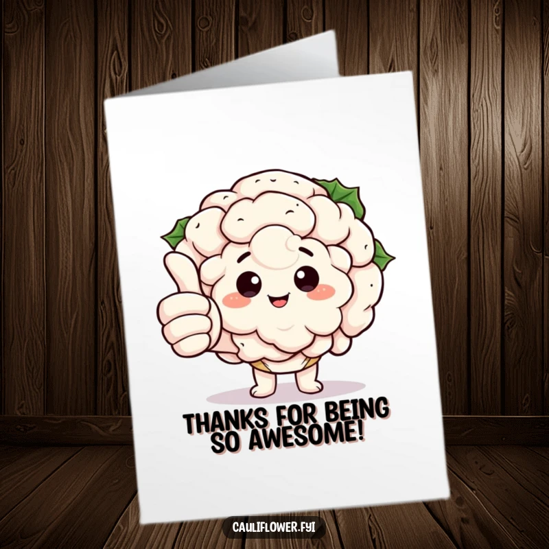 Funny free printable thank you card: a kawaii cauliflower character gives a thumbs up with comically large fingers.