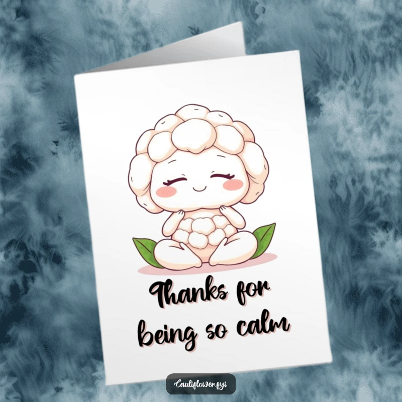 Funny Free Printable Thank You Card: A smiling cauliflower in deep meditation, radiating peaceful gratitude.