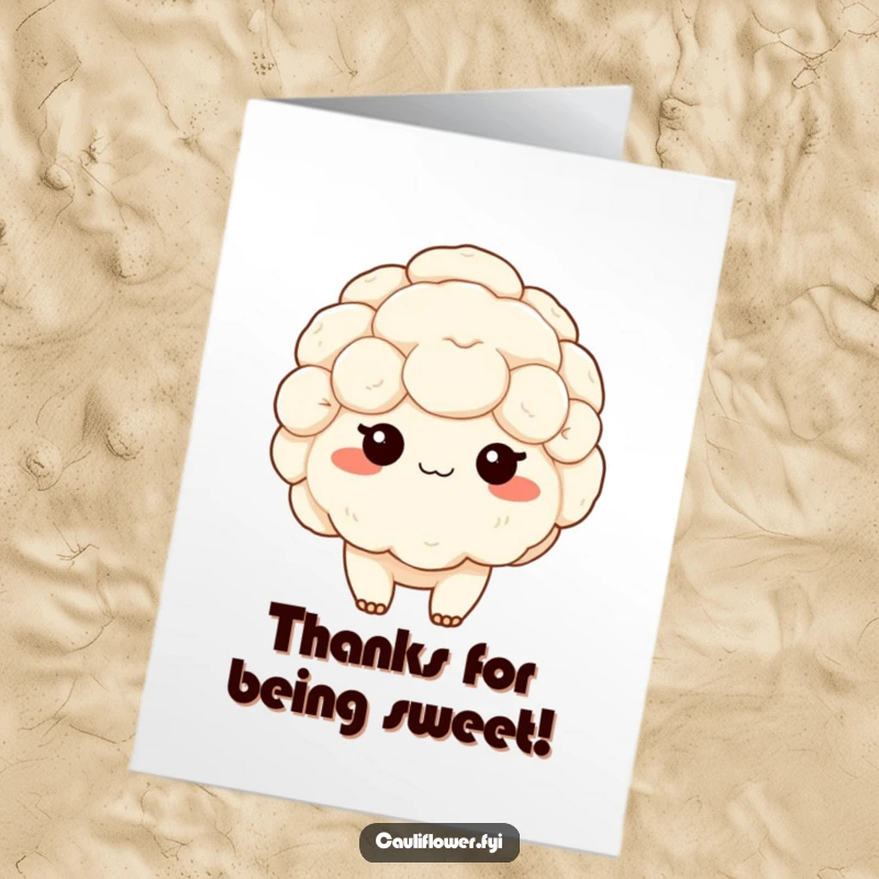 Funny Free Printable Thank You Card depicting a kawaii cauliflower with rosy cheeks, blushing shyly to say thank you.