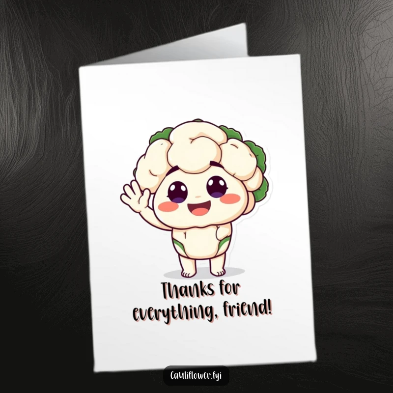 Funny free printable thank you card of a cauliflower character with big, happy eyes doing a silly wave.