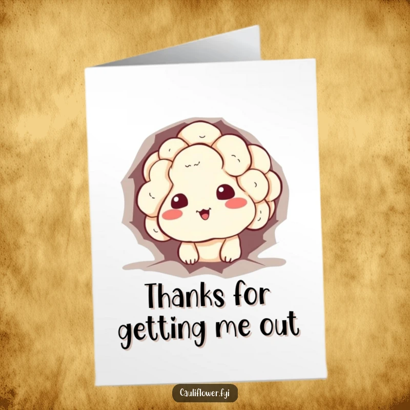Funny Free Printable Thank You Card: A cauliflower character hilariously stuck in a hole, peeking out with a sheepish grin.