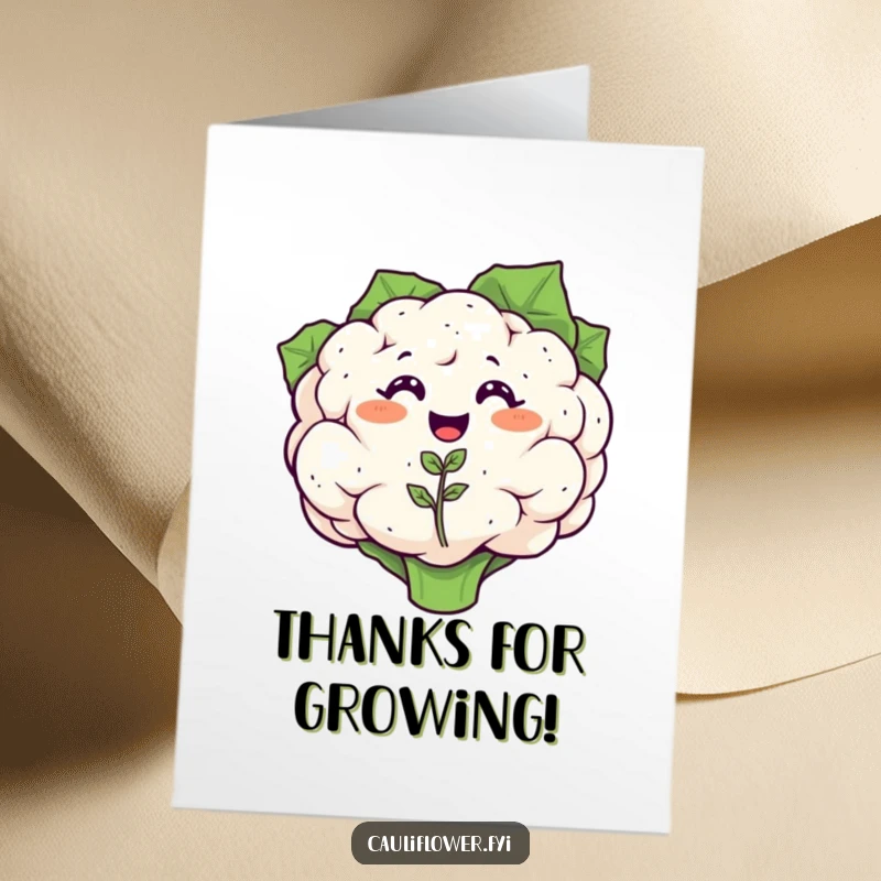Funny Free Printable Thank You Card: A smiling cauliflower joyfully sprouts a tiny seedling, expressing thanks for new growth.