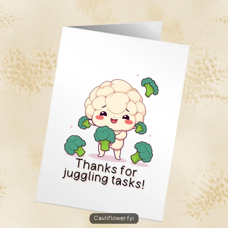 Funny Free Printable Thank You Card: Kawaii cauliflower juggling broccoli, expressing thanks with focused, cheerful concentration.