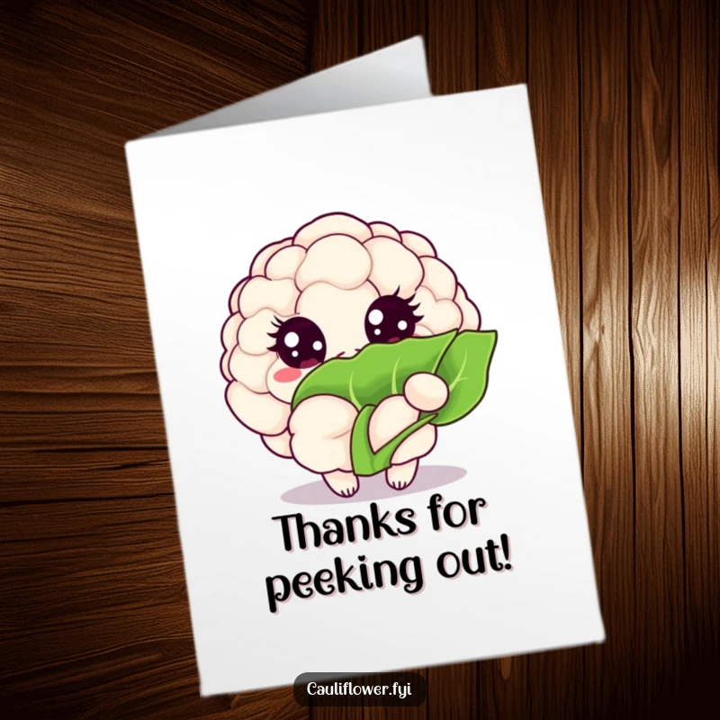 Funny Free Printable Thank You Card: Cute Kawaii cauliflower with big eyes, peeking shyly from behind a leaf.