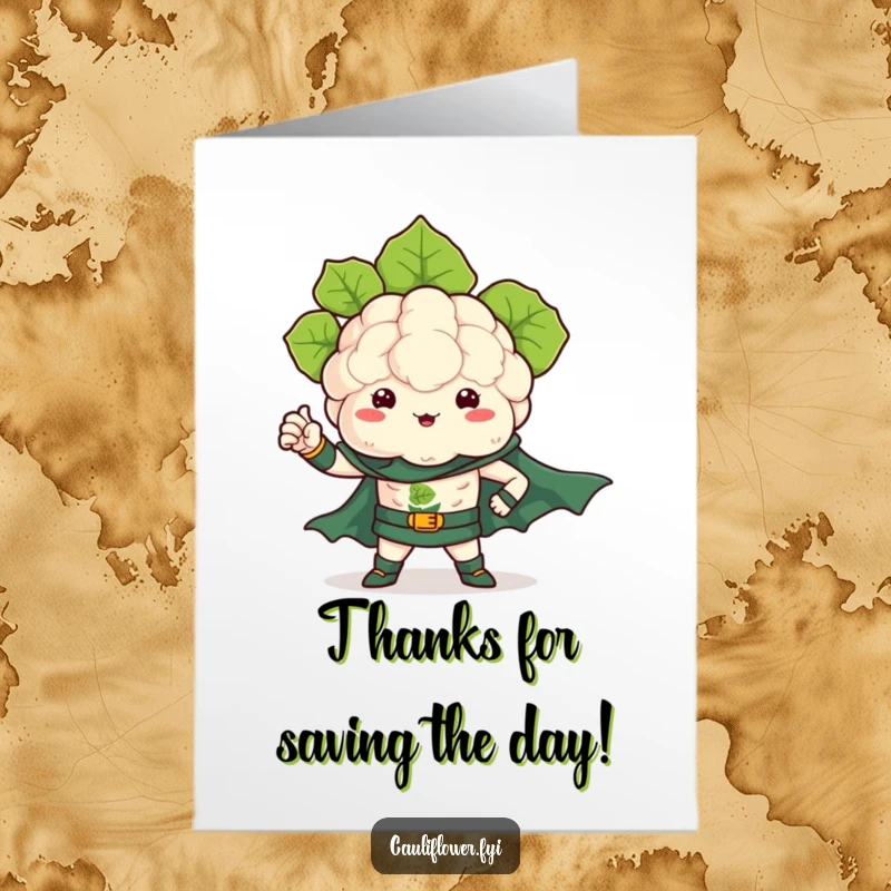 Funny Free Printable Thank You Card: Kawaii cauliflower in a superhero costume, flexing a leafy arm, offering a heroic thank you.