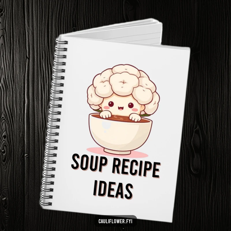 Funny cauliflower character peeking over a tiny steaming bowl with delight on a notebook, encouraging culinary notes and food-related ideas with a smile.