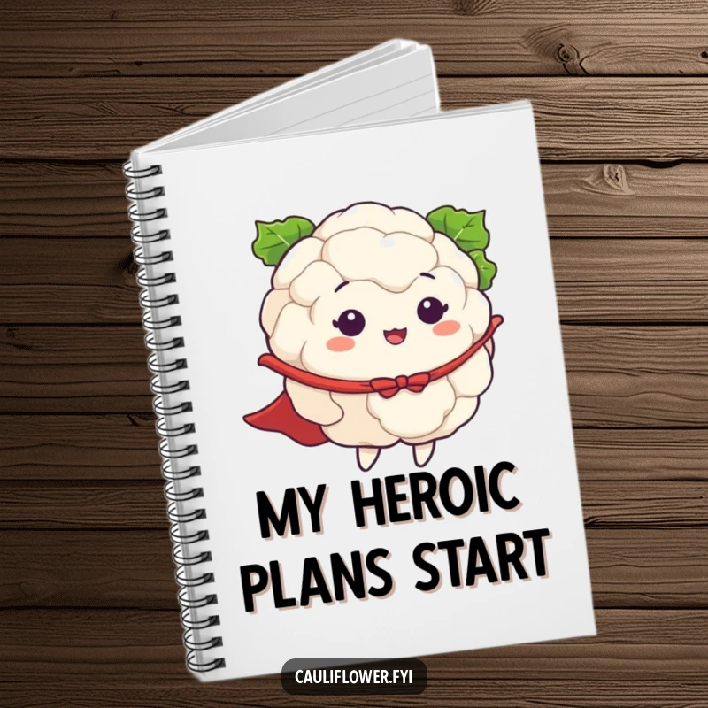 Funny notebook cover with a cauliflower wearing a cape and pretending to fly, designed to inspire heroic thoughts and creative endeavors.