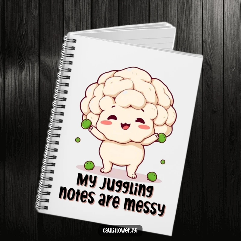Funny notebook cover with a cauliflower in the delightful act of juggling peas, conveying a sense of playful clumsiness and creativity.