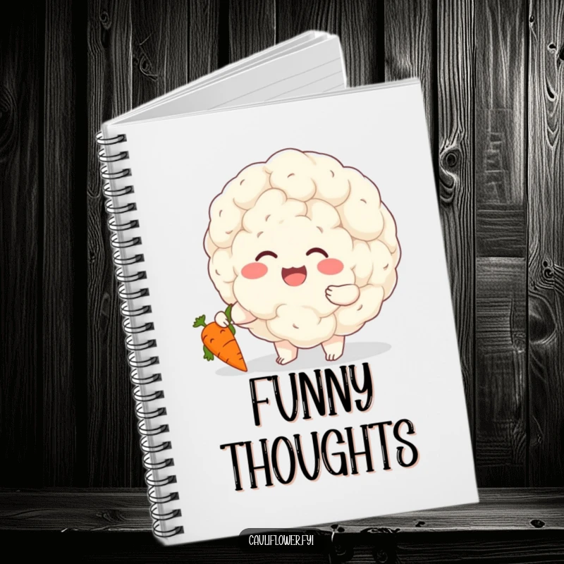 Funny notebook cover featuring a cheerful cauliflower giggling while tickling a small carrot, inspiring playful thoughts and ideas.