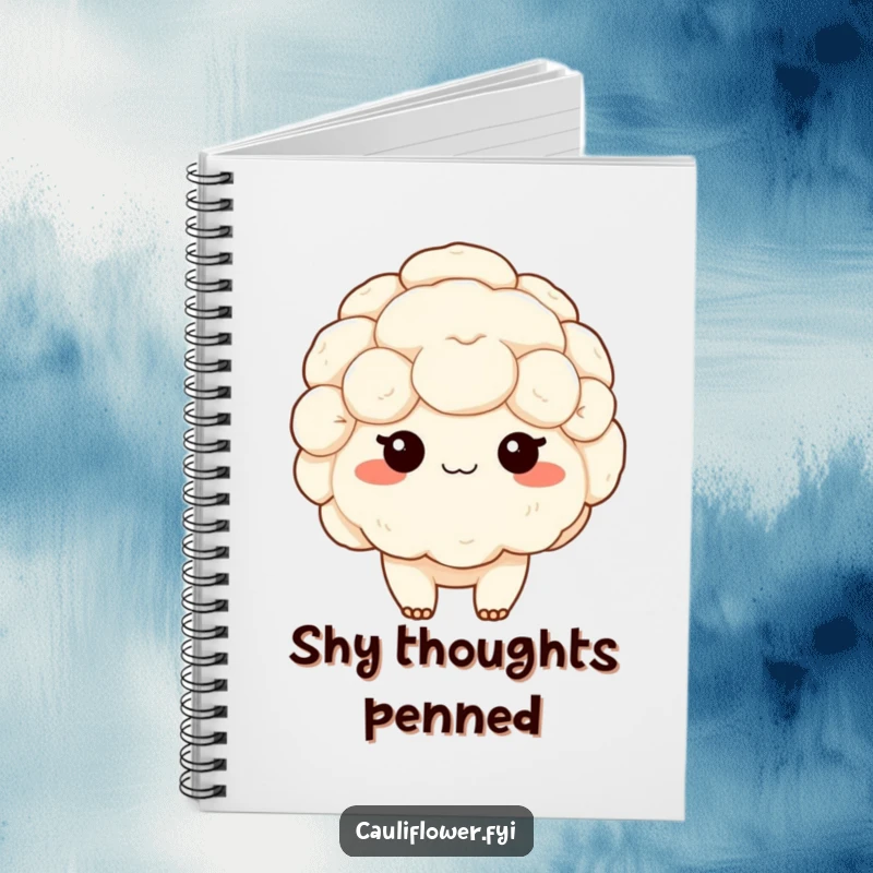 Funny notebook with a shy kawaii cauliflower blushing, perfect for sweet note-taking and journaling with a touch of bashful charm.