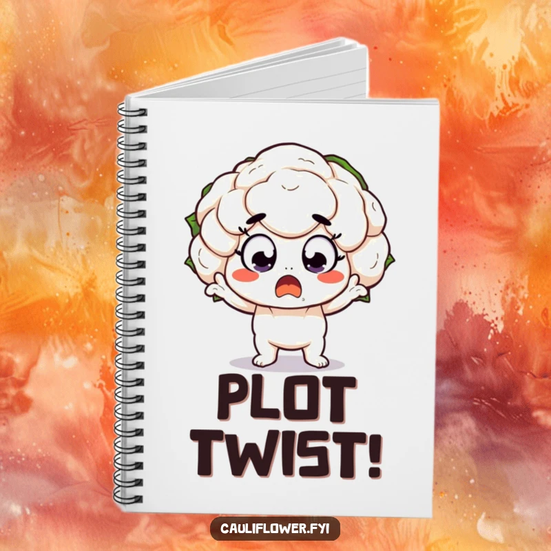Funny Notebook featuring a kawaii cauliflower character in a dramatically surprised pose with wide eyes, ideal for capturing thoughts.