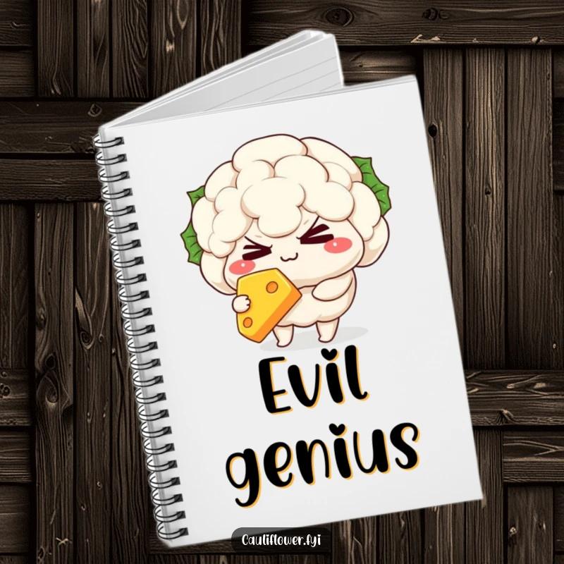 Funny Notebook featuring a mischievous kawaii cauliflower character winking while holding a slice of cheese, ideal for capturing thoughts.