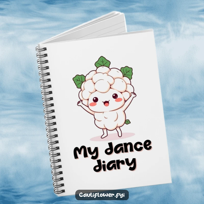 Funny Kawaii cauliflower character in a dancing pose on the cover of a notebook, ready for writing humorous ideas.