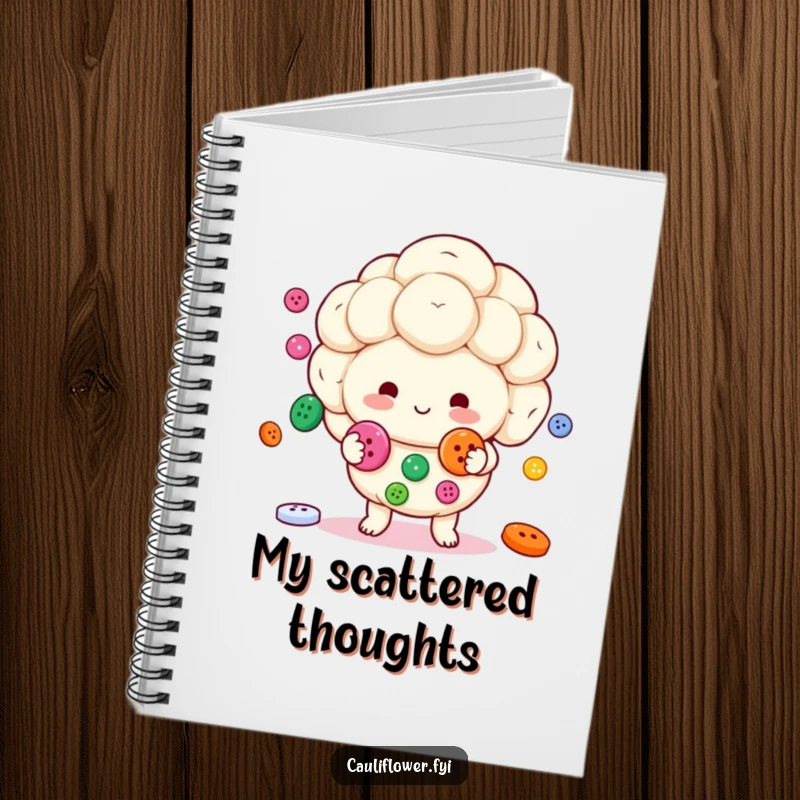 Funny Kawaii cauliflower character juggling colorful buttons on the cover of a notebook, perfect for jotting down ideas.