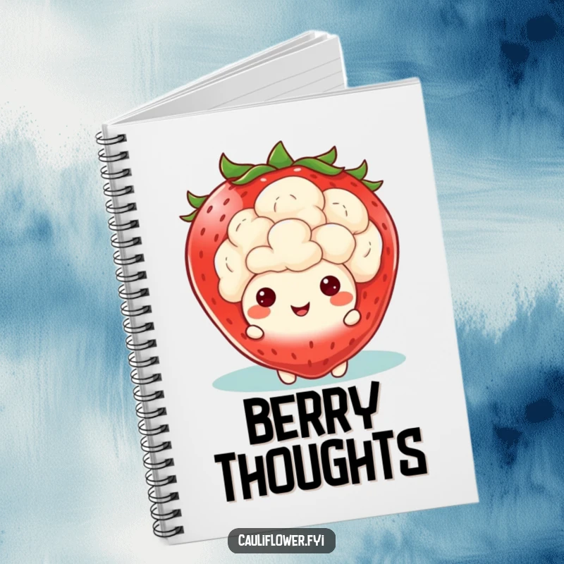 Funny Kawaii Cauliflower Notebook: A journal featuring a cauliflower peeking from behind a giant smiling strawberry, perfect for jotting down sweet ideas.