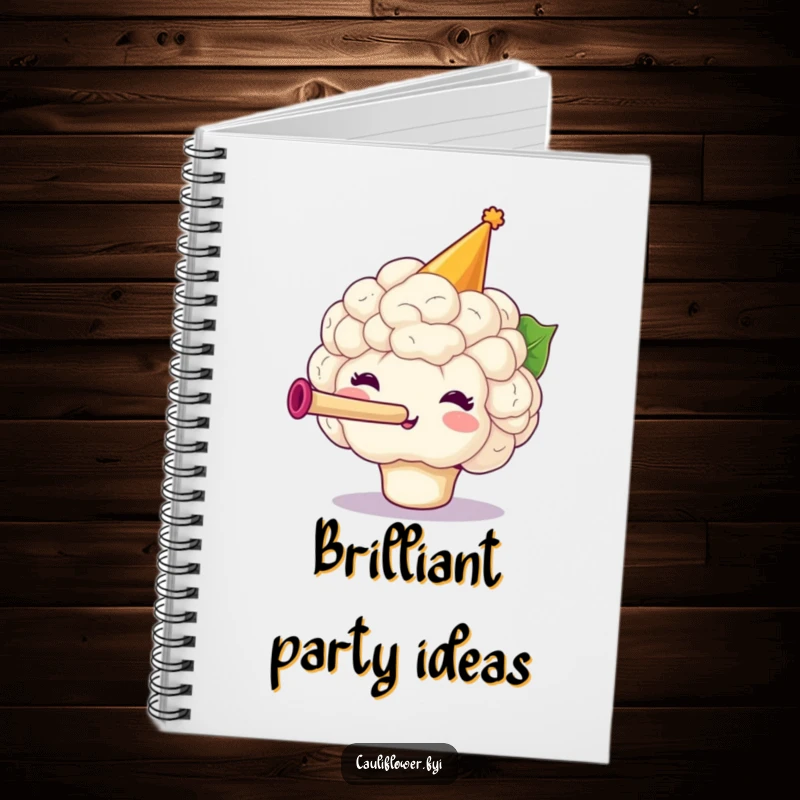 Funny Cauliflower Notebook with a festive veggie wearing a party hat and blowing a horn, perfect for planning celebrations.