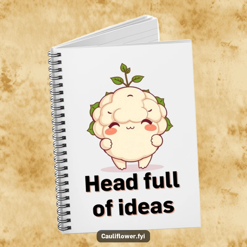 Funny notebook with a happy cauliflower character balancing a tiny sprout on its head, symbolizing focus and fun.