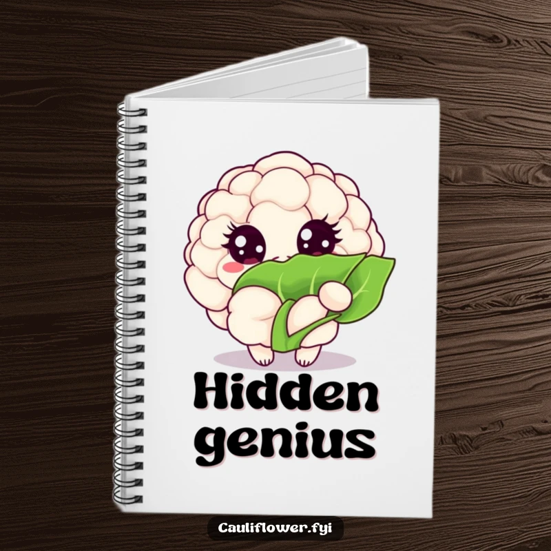 Funny Kawaii cauliflower notebook cover shows a veggie with big, sparkling eyes peeking from behind a leaf, ready for your notes.