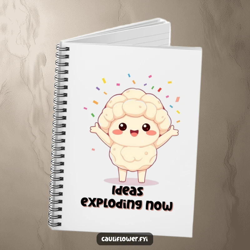 Funny Kawaii cauliflower notebook cover shows a happy veggie joyfully spinning confetti, ready to capture your thoughts.