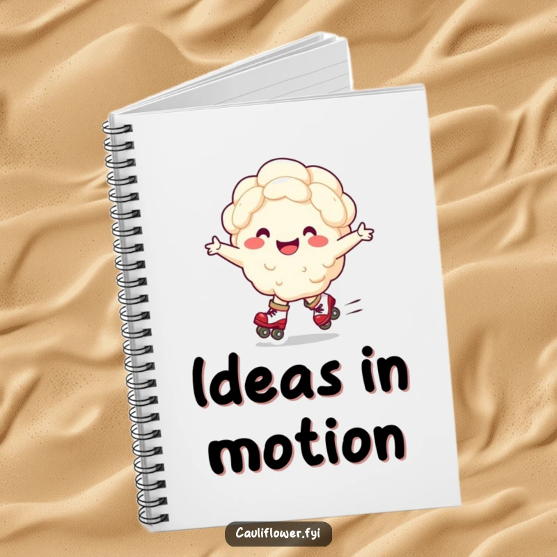 Funny notebook with a smiling cauliflower character on roller skates, arms wide, ready to capture your every thought.