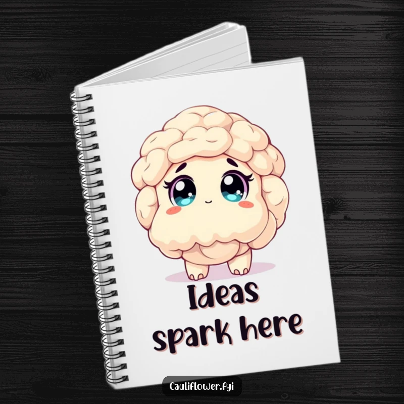 Funny notebook featuring a smiling cauliflower character looking up with wide, sparkling eyes, ready to capture your most wondrous thoughts.