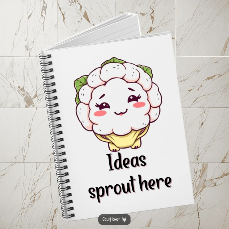 Funny kawaii cauliflower notebook with a silly, lopsided grin and floppy leaves, perfect for humorous note-taking.