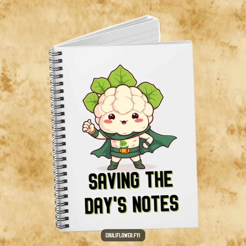 Funny notebook featuring a kawaii cauliflower as a superhero, ready for notes and heroic plans.