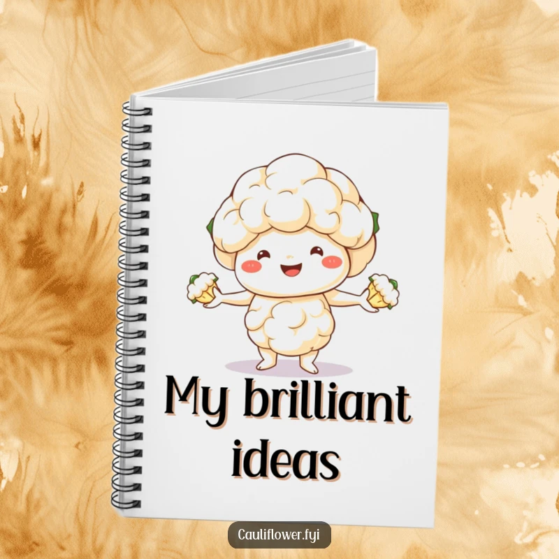 Funny notebook featuring a smiling cauliflower juggling three florets, perfect for note-taking with a comical twist.