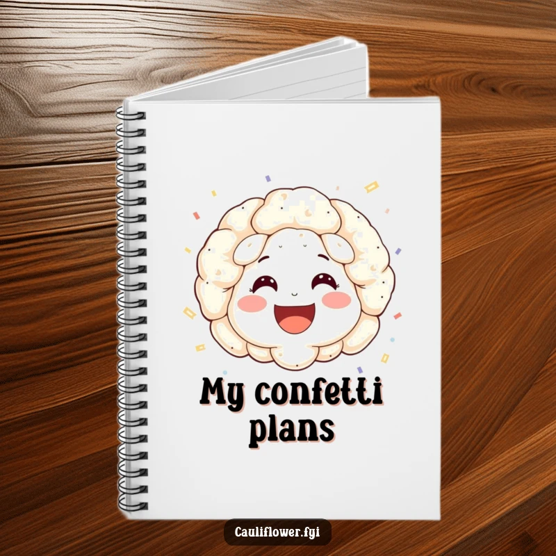 Funny notebook with a happy cauliflower face, rosy cheeks, and a wide smile, throwing confetti.
