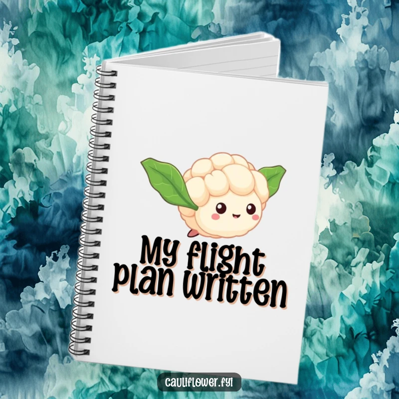 Funny Cauliflower Floret Notebook with a tiny veggie and leaf wings, humorously taking flight for jotting down dreams and ideas.