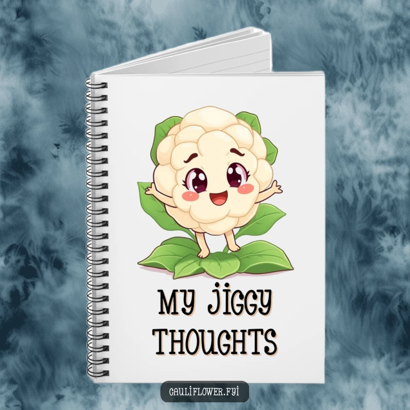Funny notebook with a design of a cauliflower character doing a funny jig on a leafy base, full of energy.