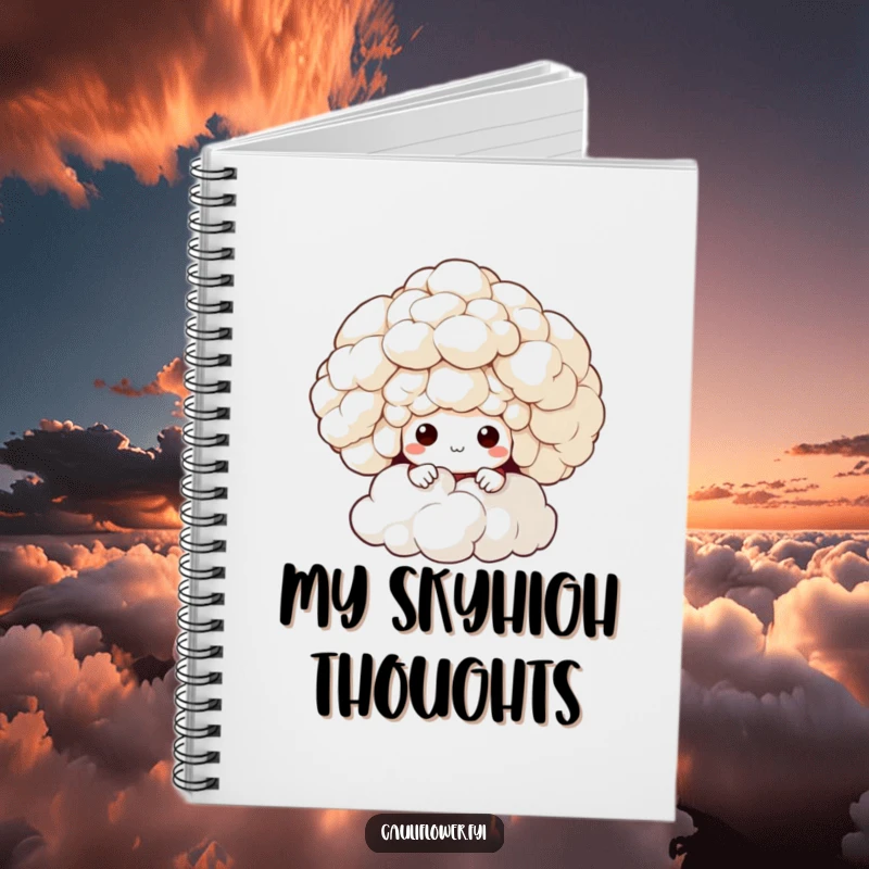 Funny notebook featuring a cauliflower character peeking from behind a cloud, perfect for note-taking with a humorous twist.