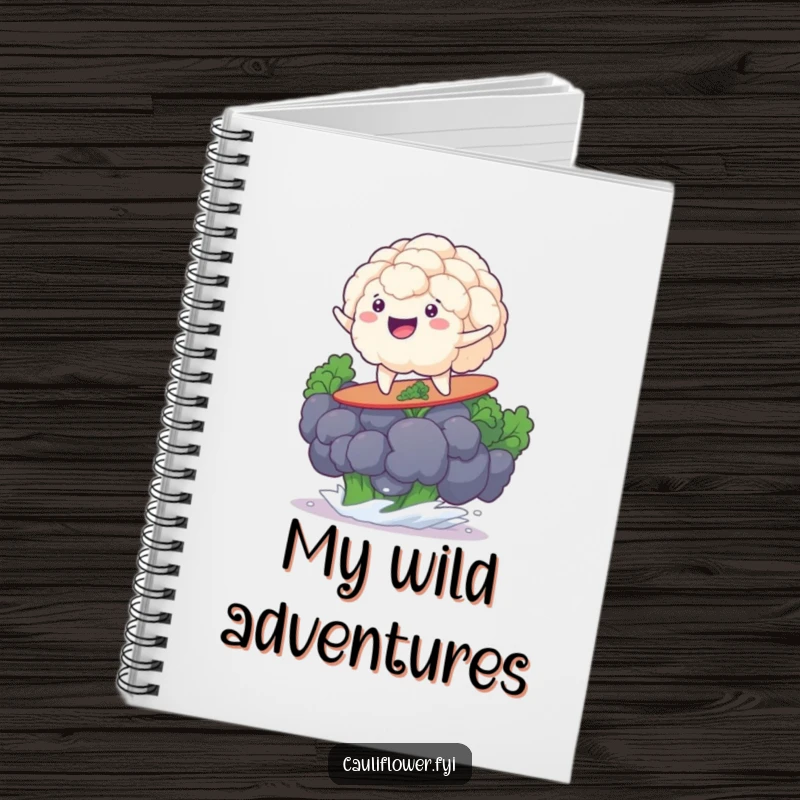 Funny cauliflower grinning while surfing a giant broccoli floret, ready to capture your brilliant ideas.