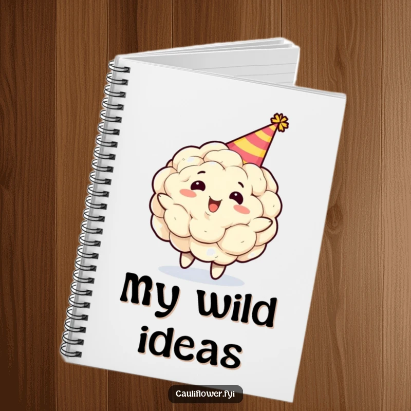 Funny cauliflower character wearing a party hat, spinning gleefully on a notebook cover, inspiring creativity and laughter for note-taking sessions.