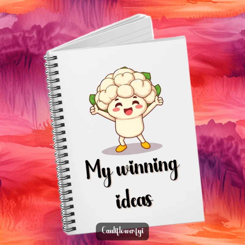 Funny cauliflower character celebrating a vegetable race win, on a notebook cover, perfect for jotting down victorious thoughts.