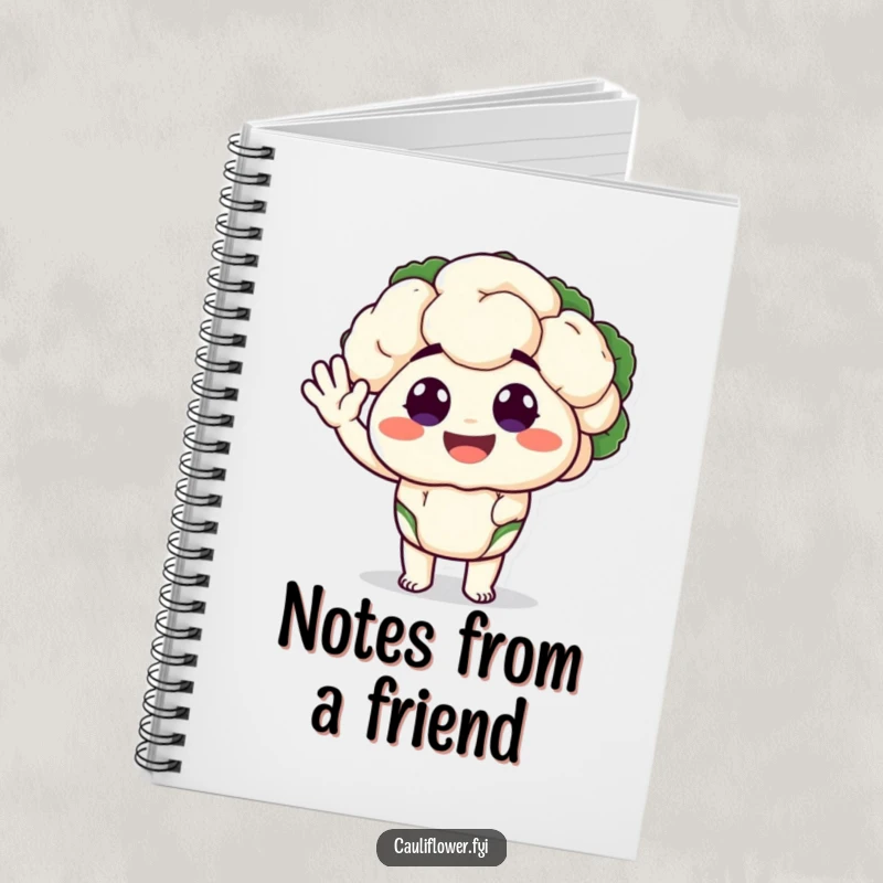 Funny notebook with a cauliflower character with big, happy eyes performing a silly wave, perfect for jotting down cheerful notes.
