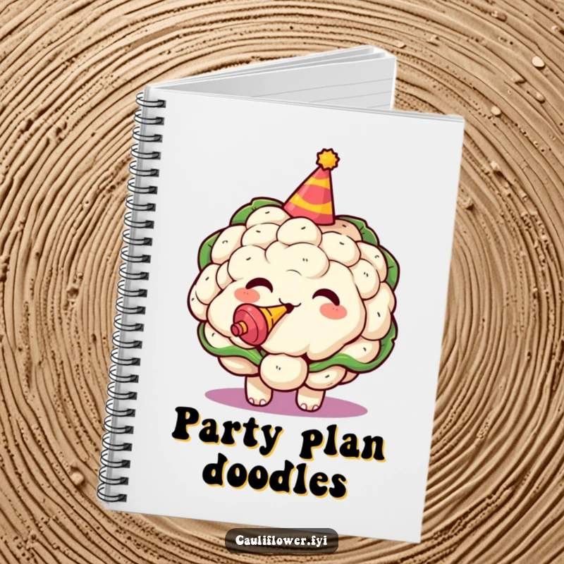 Funny notebook featuring a kawaii cauliflower in a party hat, perfect for jotting down ideas and plans.