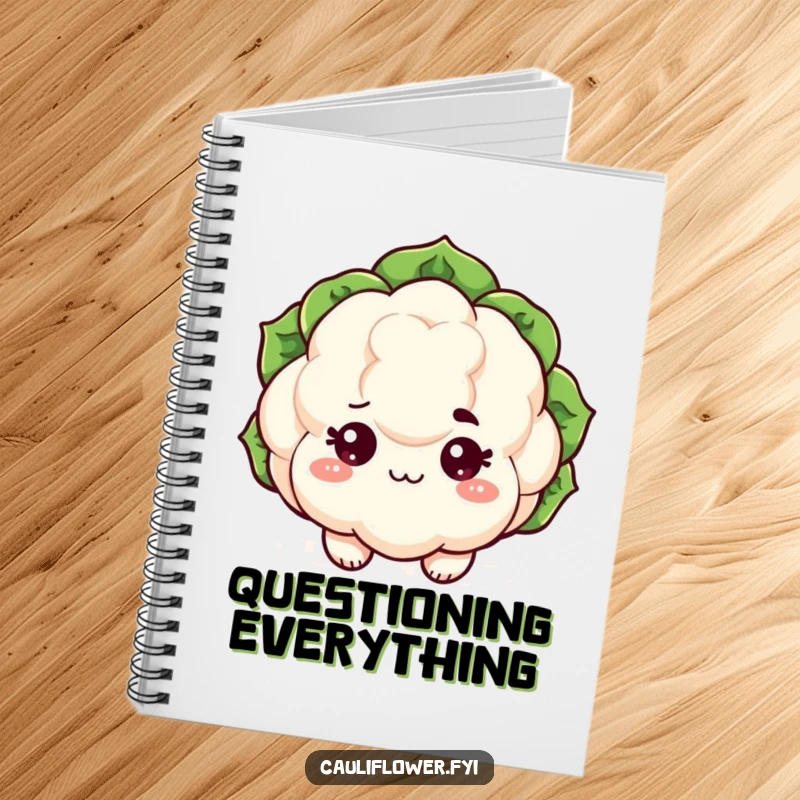 Funny kawaii cauliflower notebook with sparkling eyes and a raised eyebrow, perfect for sassy note-taking.